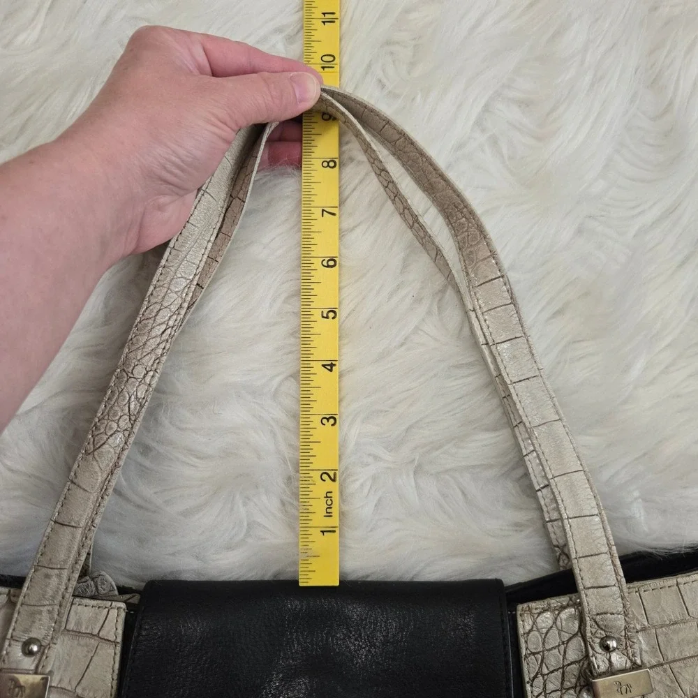 Petusco Spain Black Pebbled Leather Shoulder Bag Cream Croc Trim Made in Spain